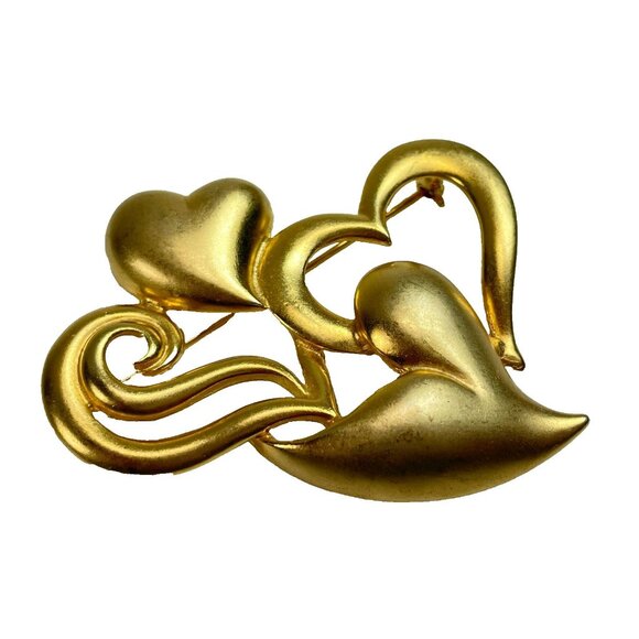 Vintage 80s M Jent Multi Heart Brooch Matt Gold Tone 2.5" Signed - Picture 3 of 9
